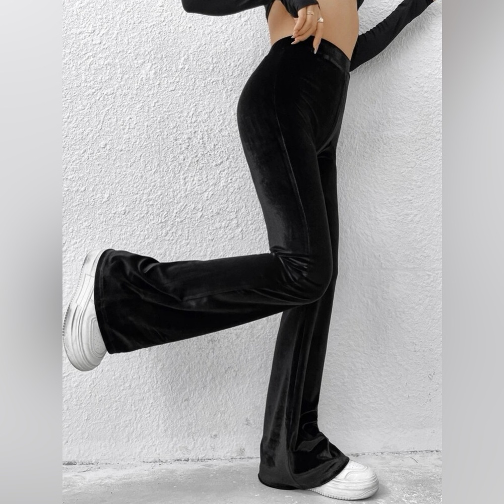 XS High Waist Black Velvet Flare Leg Pants